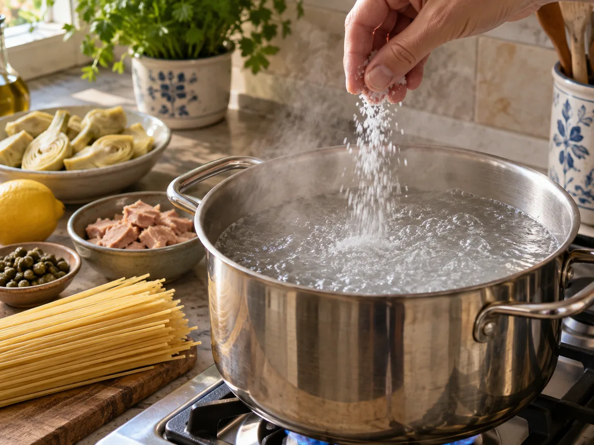 Спагетти с артишоками и соусом из тунца и каперсов | Фото подпункта 4 | Viva Cucina Спагетти с артишоками и соусом из тунца и каперсов: фото процесса приготовления — вскипятите воду в большой кастрюле и посолите