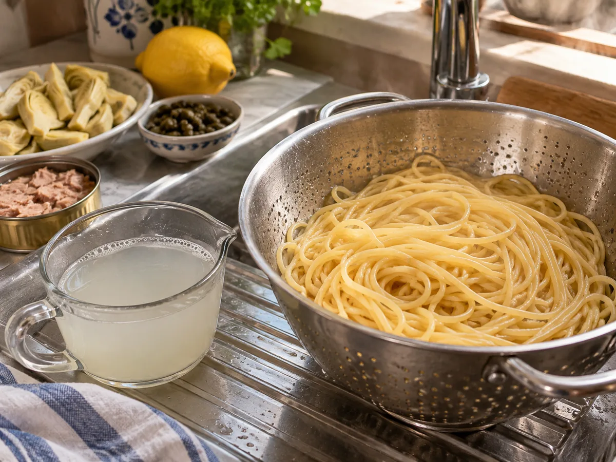Спагетти с артишоками и соусом из тунца и каперсов | Фото подпункта 6 | Viva Cucina Спагетти с артишоками и соусом из тунца и каперсов: фото процесса приготовления — сохраните чашку воды от варки и откиньте спагетти