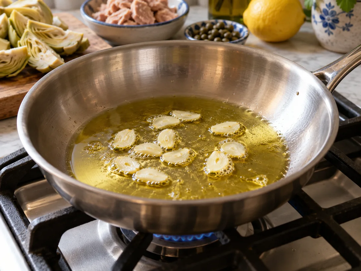 Спагетти с артишоками и соусом из тунца и каперсов | Фото подпункта 7 | Viva Cucina Спагетти с артишоками и соусом из тунца и каперсов: фото процесса приготовления — прогрейте чеснок в оливковом масле без подрумянивания