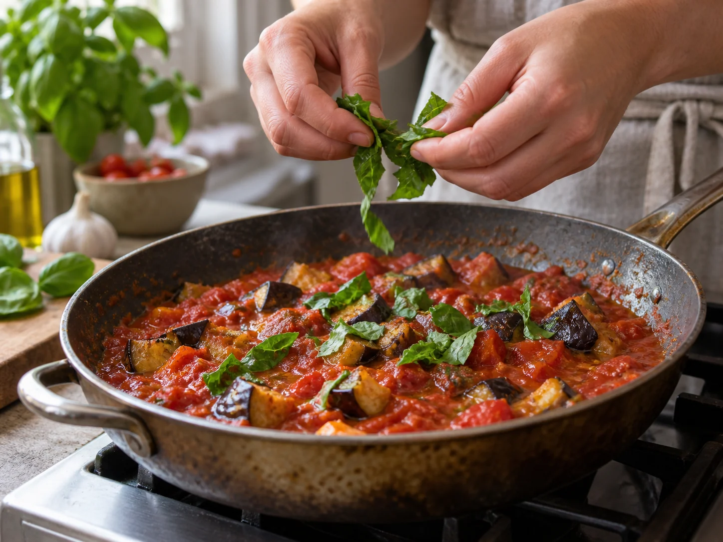 Тальятелле с баклажаном и томатно-базиликовым соусом | Фото подпункта 10 | Viva Cucina Тальятелле с баклажаном и томатно-базиликовым соусом: фото процесса приготовления — соедините подготовленные компоненты в широкой посуде, где их удобно перемешивать