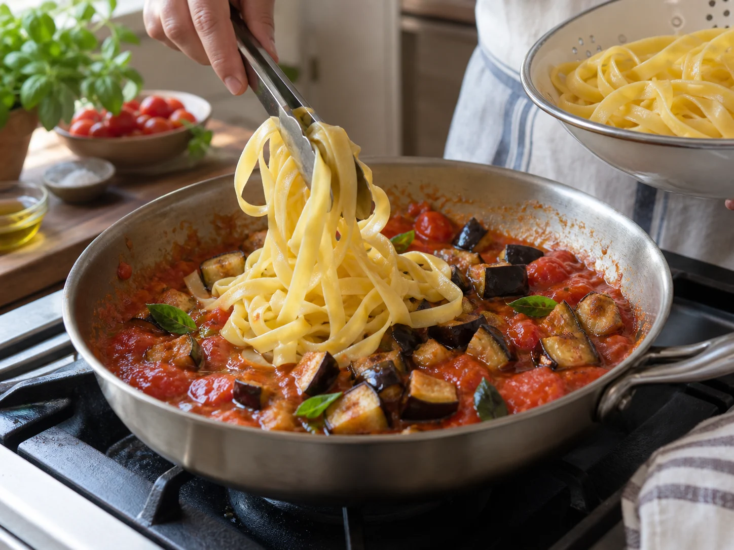 Тальятелле с баклажаном и томатно-базиликовым соусом | Фото подпункта 13 | Viva Cucina Тальятелле с баклажаном и томатно-базиликовым соусом: фото процесса приготовления — доведите блюдо до финальной текстуры и снимите с огня или достаньте из духовки вовремя