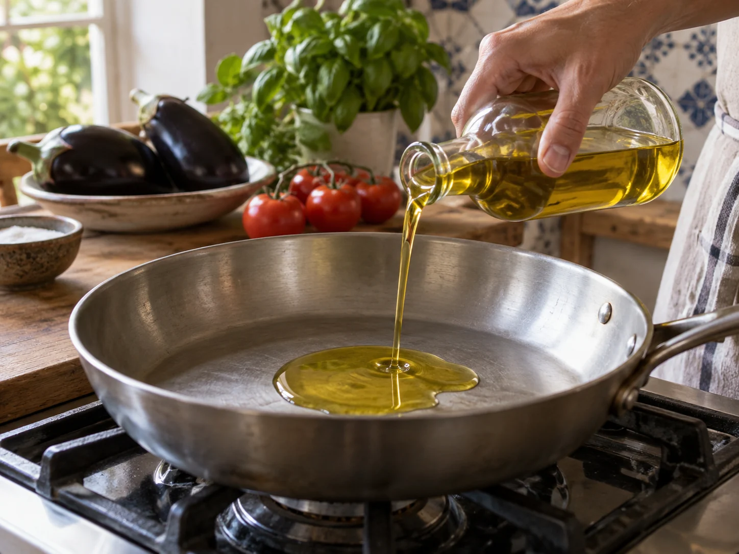 Тальятелле с баклажаном и томатно-базиликовым соусом | Фото подпункта 4 | Viva Cucina Тальятелле с баклажаном и томатно-базиликовым соусом: фото процесса приготовления — подготовьте основу для тальятелле с баклажаном и томатно-базиликовым соусом: прогрейте сковороду или кастрюлю и начните с ароматных ингредиентов