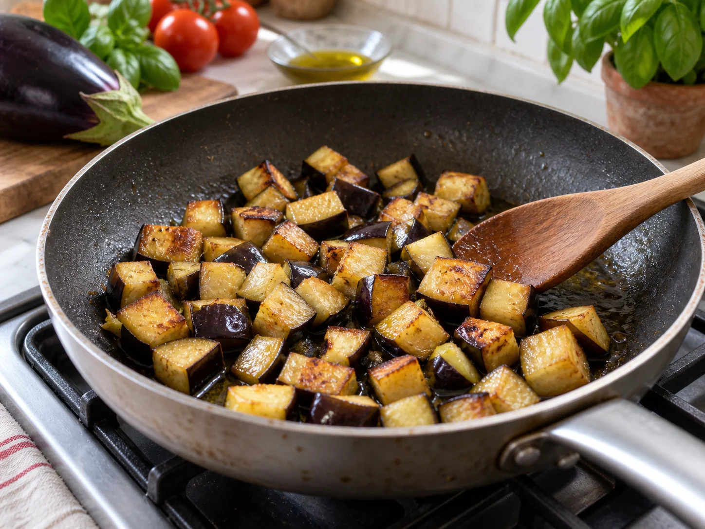 Тальятелле с баклажаном и томатно-базиликовым соусом | Фото подпункта 5 | Viva Cucina Тальятелле с баклажаном и томатно-базиликовым соусом: фото процесса приготовления — готовьте главный компонент этого этапа на умеренном огне, добиваясь вкуса, но не пересушивая его