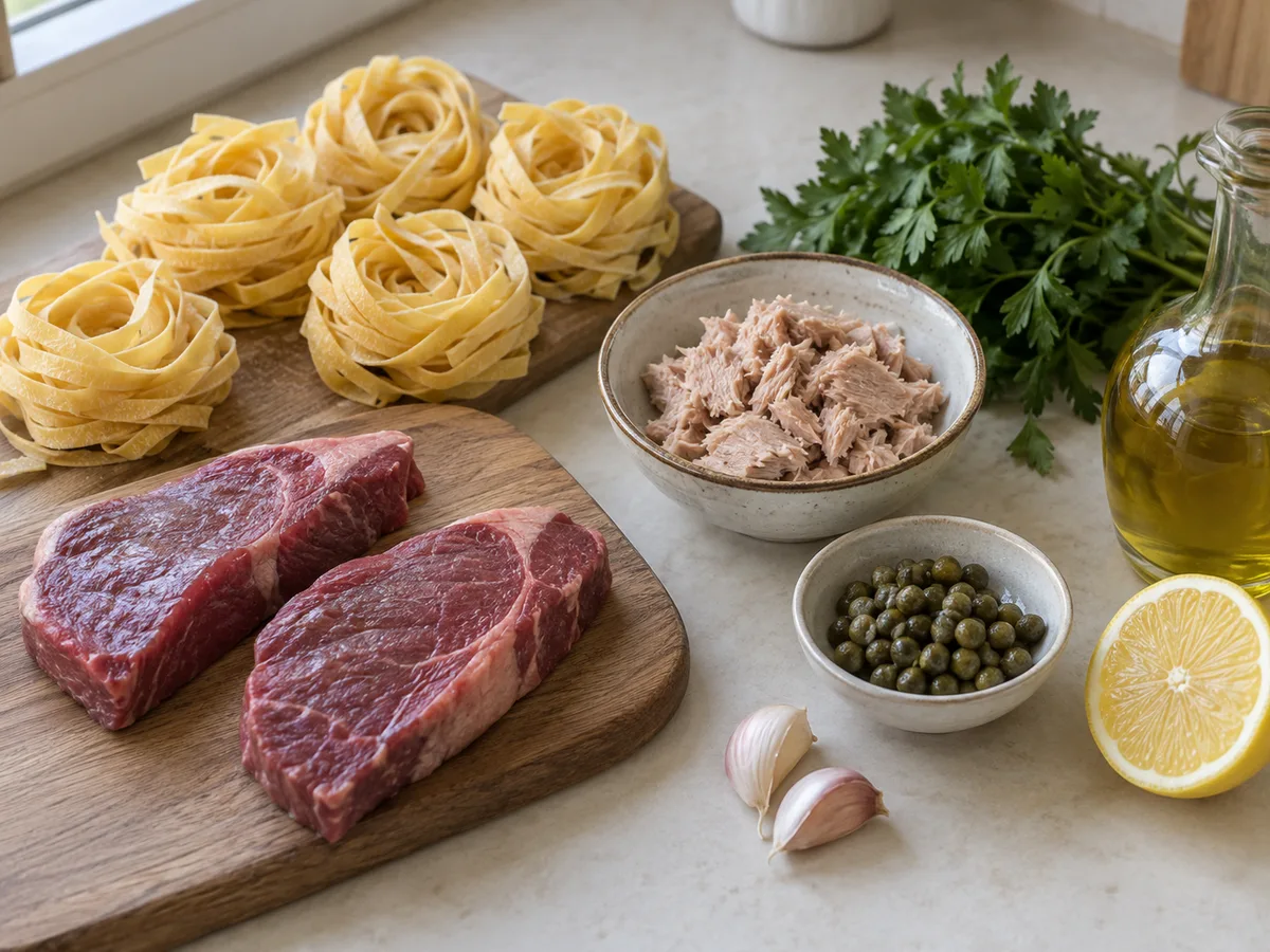 Тальятелле с говядиной, тунцом и каперсами | Фото подпункта 1 | Viva Cucina Тальятелле с говядиной, тунцом и каперсами: фото процесса приготовления — отмерьте тальятелле, стейки, тунец, каперсы, чеснок, лимон, масло и петрушку