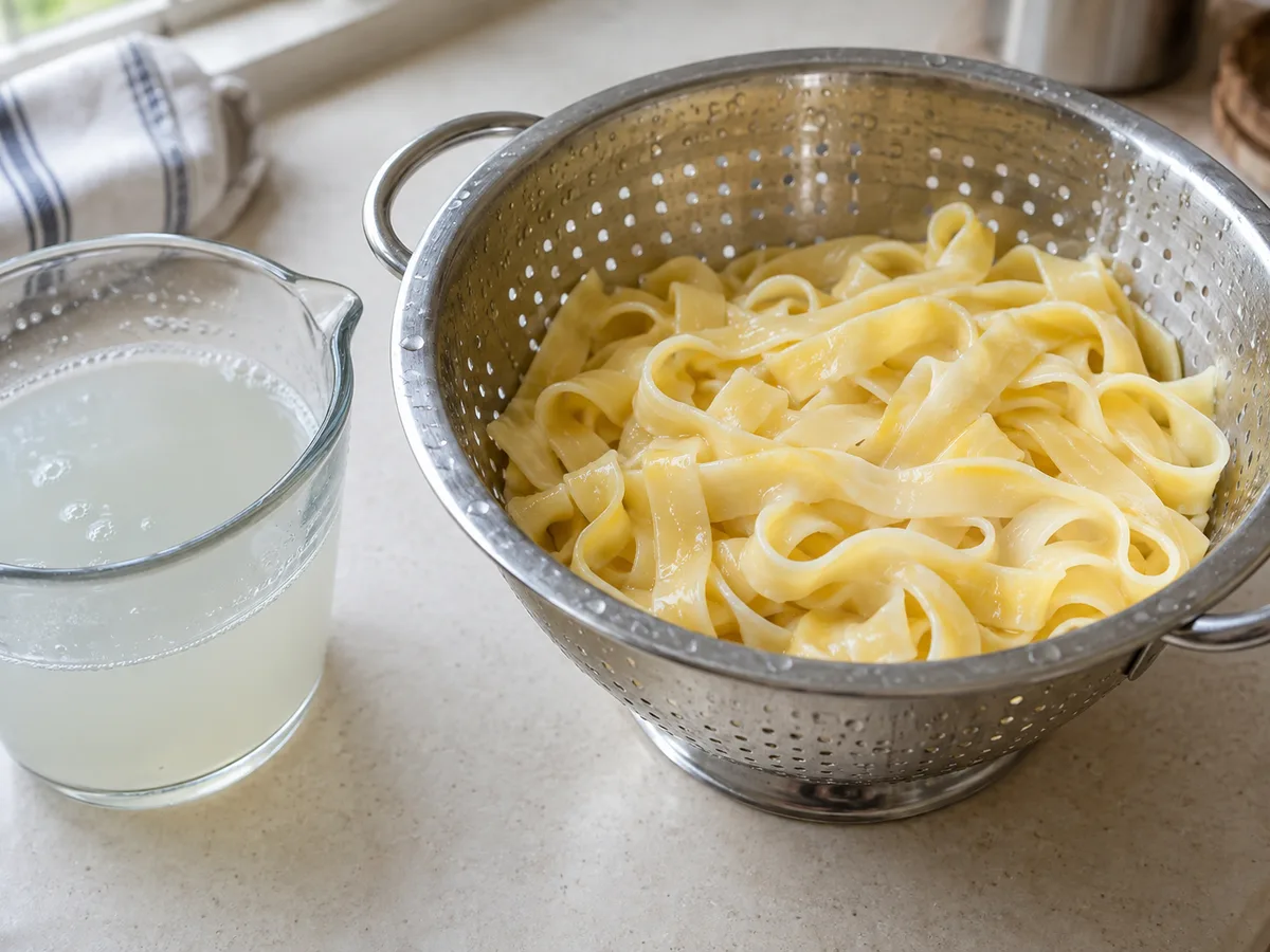 Тальятелле с говядиной, тунцом и каперсами | Фото подпункта 9 | Viva Cucina Тальятелле с говядиной, тунцом и каперсами: фото процесса приготовления — сохраните 200 мл воды от варки и слейте пасту