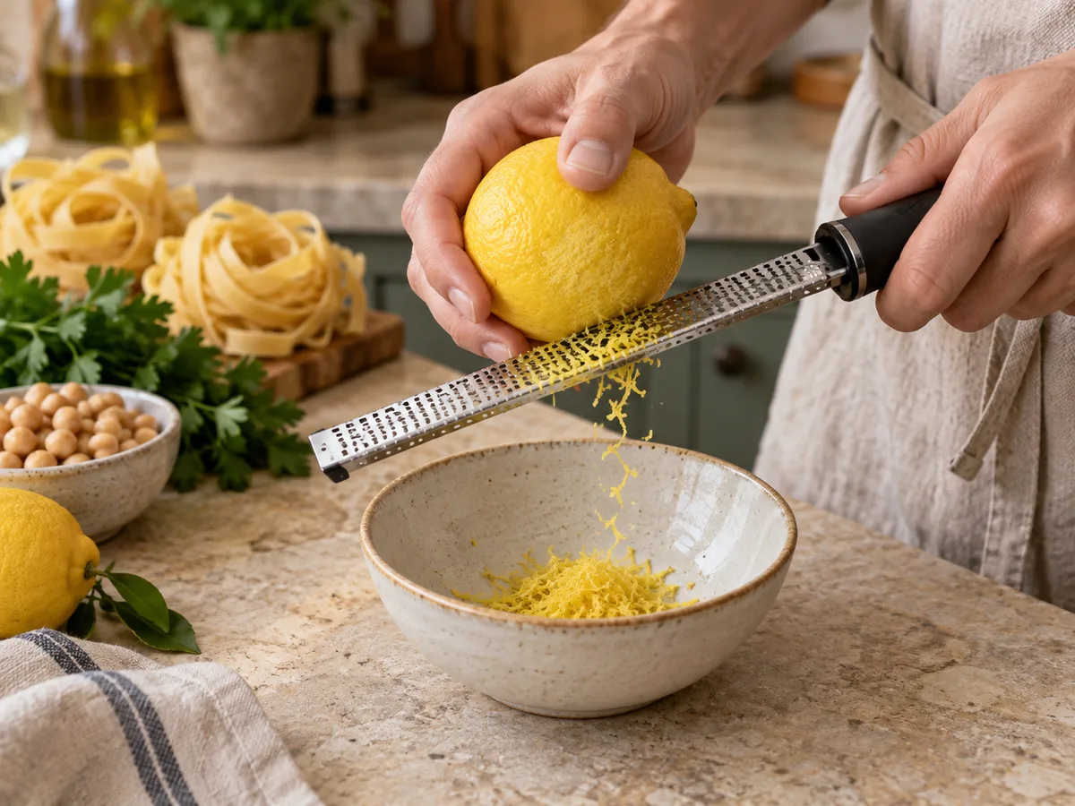 Тальятелле с нутом и соусом лимон-чеснок | Фото подпункта 3 | Viva Cucina Тальятелле с нутом и соусом лимон-чеснок: фото процесса приготовления — снимите с лимона мелкую цедру