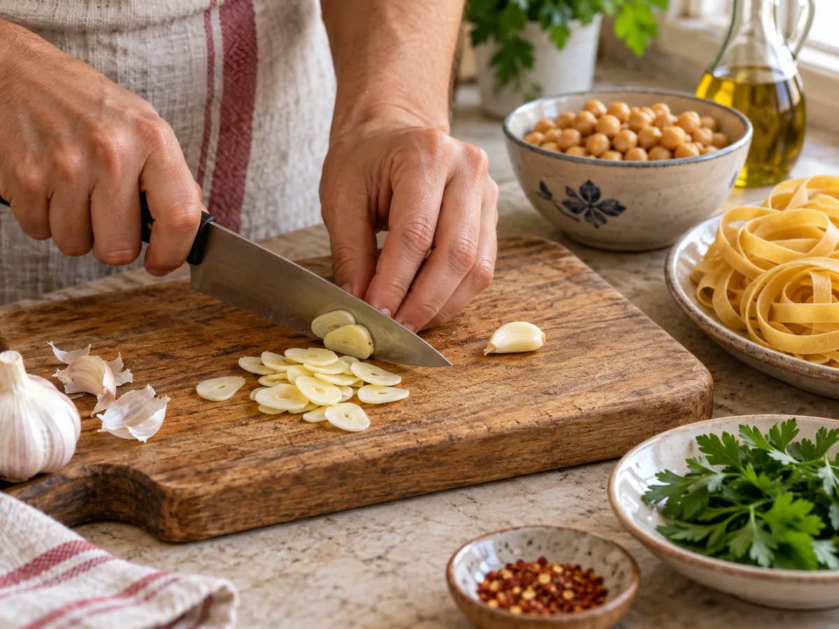 Тальятелле с нутом и соусом лимон-чеснок | Фото подпункта 4 | Viva Cucina Тальятелле с нутом и соусом лимон-чеснок: фото процесса приготовления — тонко нарежьте чеснок