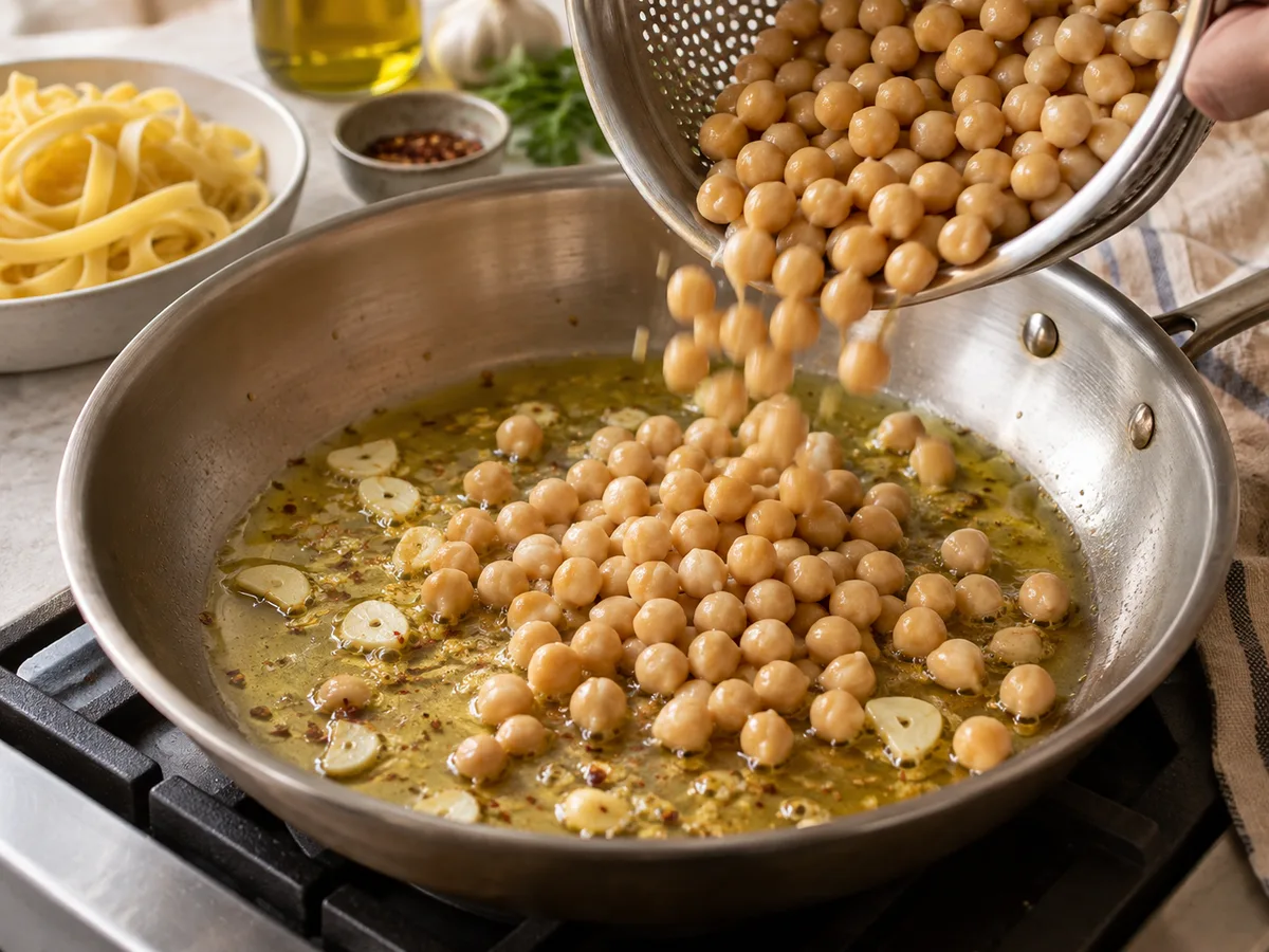 Тальятелле с нутом и соусом лимон-чеснок | Фото подпункта 9 | Viva Cucina Тальятелле с нутом и соусом лимон-чеснок: фото процесса приготовления — добавьте нут и перемешайте