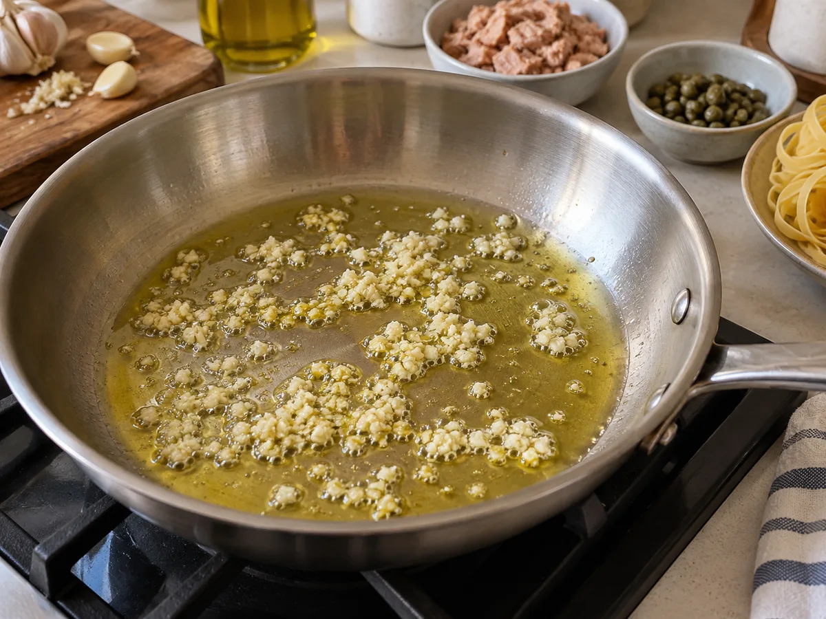 Тальятелле со шпинатом, тунцом и каперсами: фото процесса приготовления — нагрейте масло в широкой сковороде; прогрейте чеснок 30 секунд без подрумянивания