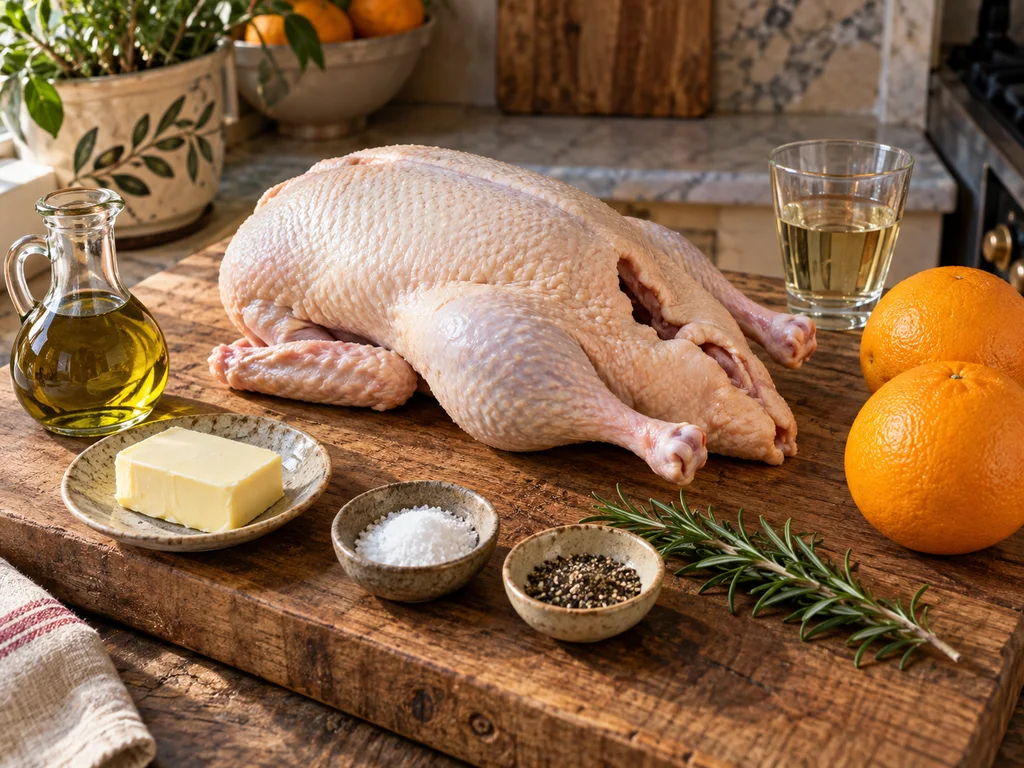 Утка с апельсином по-итальянски | Фото подпункта 1 | Viva Cucina Утка с апельсином по-итальянски: фото процесса приготовления — разложите потрошёную утку, апельсины, вино, масло, розмарин, соль и перец