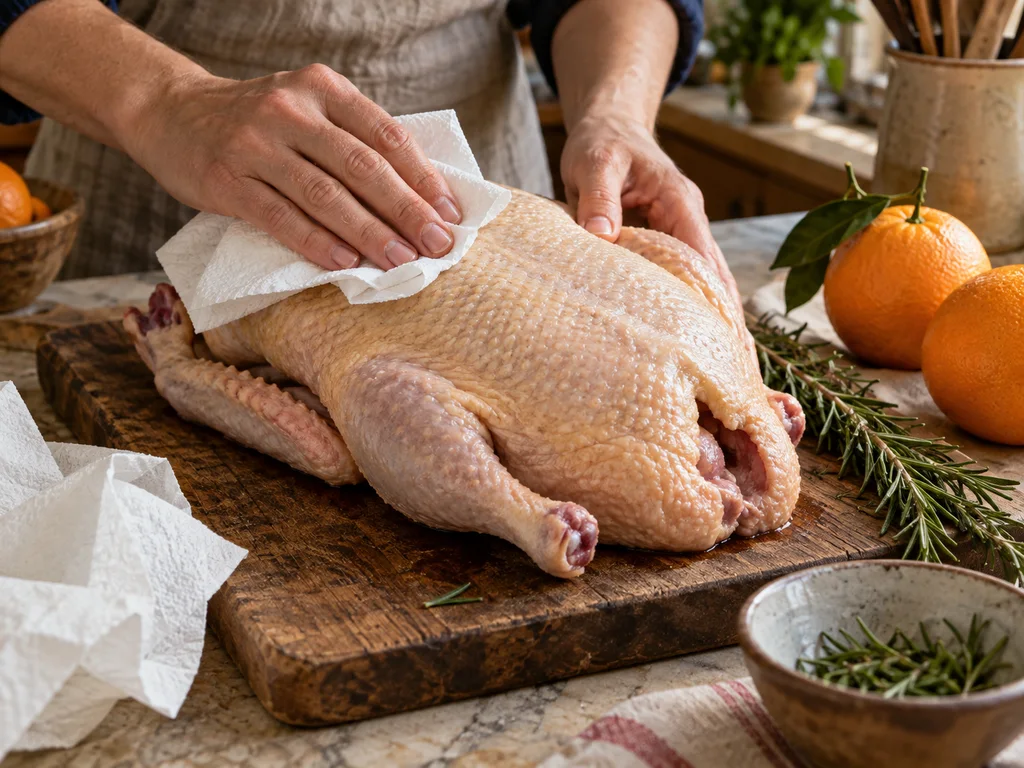 Утка с апельсином по-итальянски | Фото подпункта 2 | Viva Cucina Утка с апельсином по-итальянски: фото процесса приготовления — обсушите утку бумажным полотенцем и удалите остатки перьев