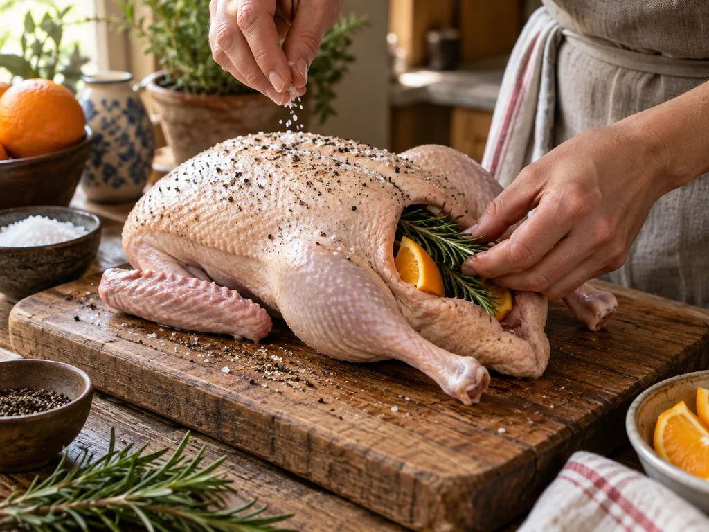 Утка с апельсином по-итальянски | Фото подпункта 3 | Viva Cucina Утка с апельсином по-итальянски: фото процесса приготовления — натрите утку солью и перцем, вложите внутрь розмарин и несколько долек апельсина