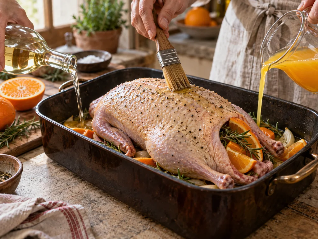 Утка с апельсином по-итальянски | Фото подпункта 6 | Viva Cucina Утка с апельсином по-итальянски: фото процесса приготовления — смажьте утку маслом, положите грудкой вверх в форму, влейте вино и половину сока